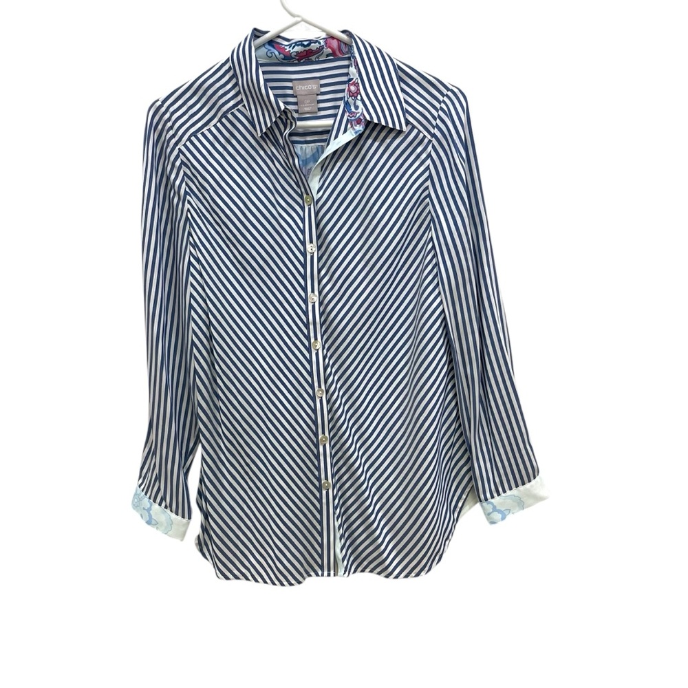 Chicos Striped Button Front Long Sleeve Blouse Blue White Career Womens SP